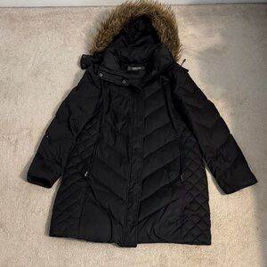 Kenneth Cole Black Puffer Coat with Faux Fur Trim